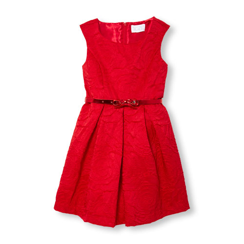 Girls Sleeveless Belted Rose Jacquard Dress