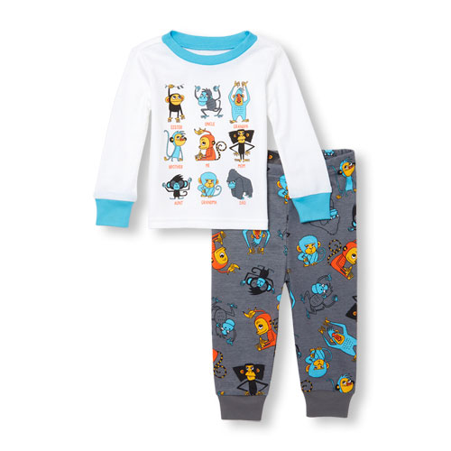 Baby And Toddler Boys Long Sleeve Monkey Family Graphic Top And Printed Pants PJ Set