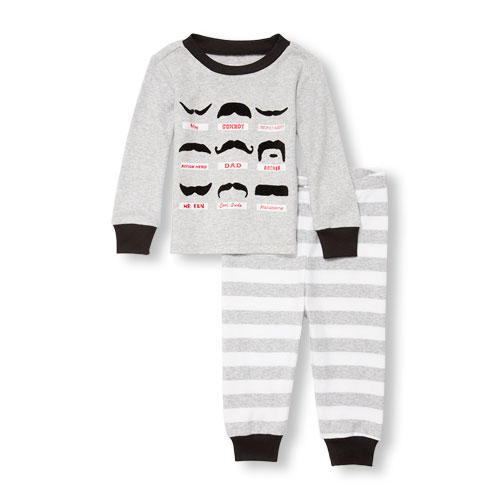 Baby And Toddler Boys Long Sleeve Felted Mustache Graphic Top And Striped Pants PJ Set