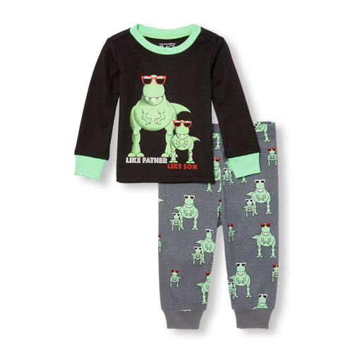 Baby And Toddler Boys Long Sleeve 'Like Father Like Son' Dino Graphic Top And Printed Pants PJ Set