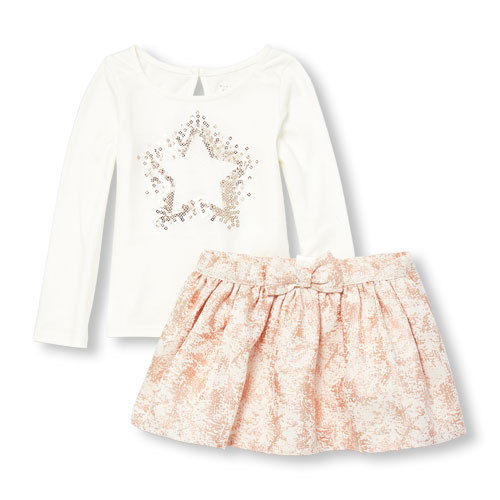Toddler Girls Long Sleeve Sequin Star Top And Metallic Jacquard Woven Skirt Set