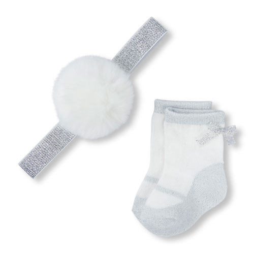 Baby Girls Faux Fur Pom Pom Headwrap And Ballet Slipper Socks Set
