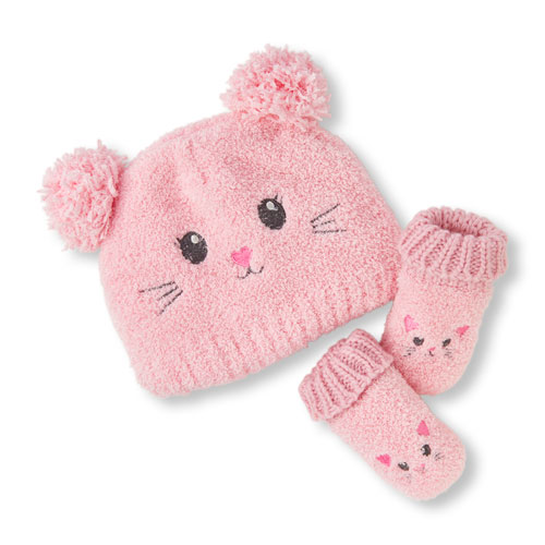 Baby Girls Cat Pom Pom Hat And Mittens Set