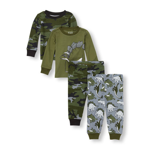 Baby And Toddler Boys Long Sleeve Hip Hop Dino Tops And Pants 4-Piece PJ Set