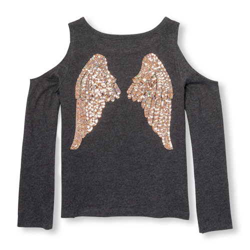 Girls Long Sleeve Sequin Graphic Cold-Shoulder Top