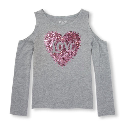 Girls Long Sleeve Sequin Graphic Cold-Shoulder Top