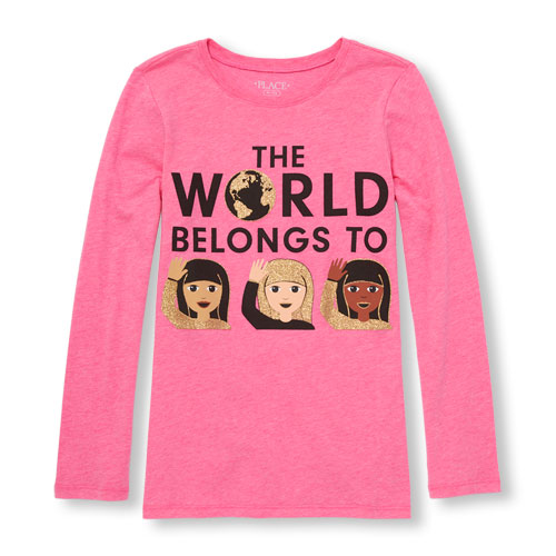 Girls Long Sleeve Glitter 'The World Belongs To' Girl Emojis Neon Graphic Tee