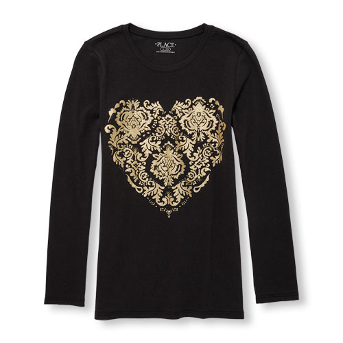 Girls Long Sleeve Glitter Heart Graphic Tee