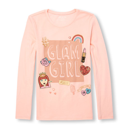 Girls Long Sleeve Glitter 'Glam Girl' Emoji Graphic Tee