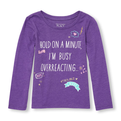 Toddler Girls Long Sleeve Glitter 'Hold On A minute I'm Busy Overreacting' Doodle Graphic Tee