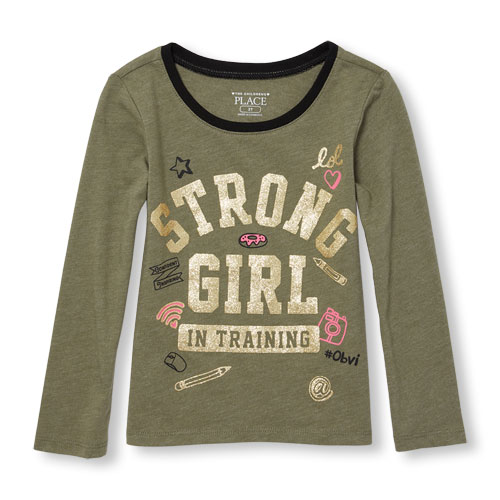 Toddler Girls Long Sleeve Glitter 'Strong Girl In Training' Doodle Graphic Tee