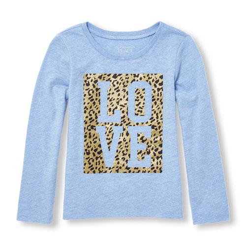 Camiseta estampada con diseño de leopardo "LOVE" con brillos, de mangas largas, para niñas pequeñas