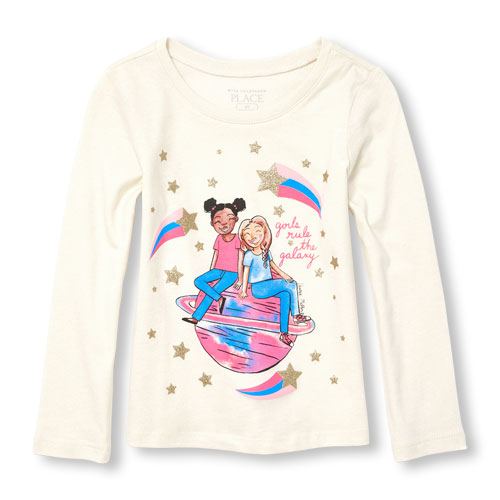 Toddler Girls Long Sleeve Glitter 'Girls Rule The Galaxy' Bestie Graphic Tee