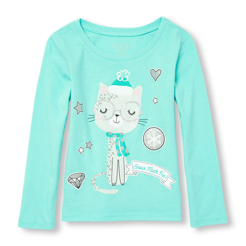 Toddler Girls Long Sleeve Glitter 'Snow Much Fun!' Cat Graphic Tee