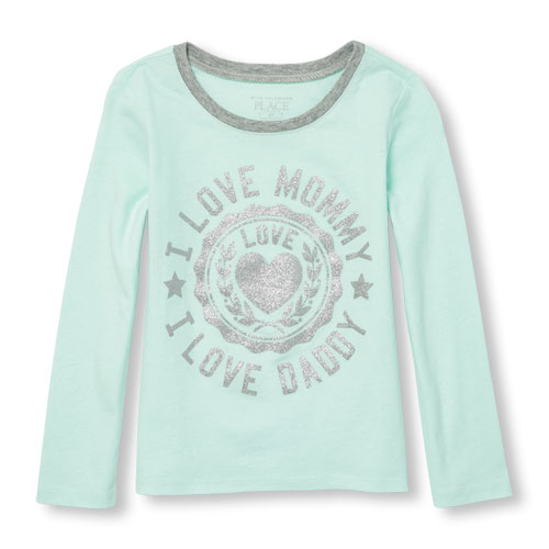 Toddler Girls Long Sleeve Glitter 'I Love Mommy' 'I Love Daddy' Graphic Tee