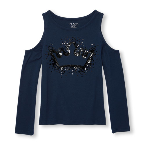 Girls Long Cold-Shoulder Sleeve Sequin Star Top